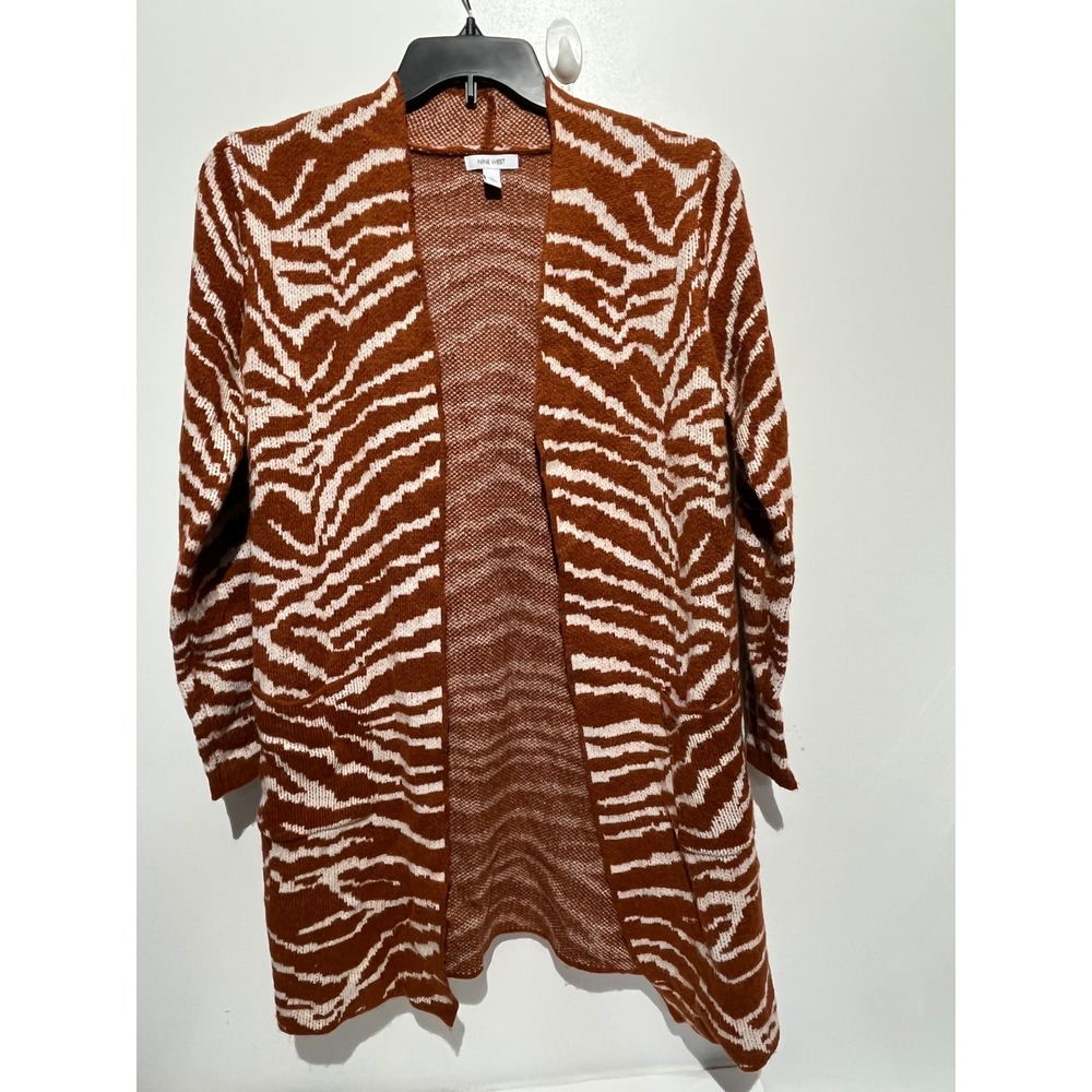 Nine West Rust Orange Zebra Print Open Front Cardigan Sweater Small Pockets
